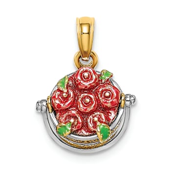 14K Two-tone Gold  3D Textured Multi-Color Enamel Apple Basket Charm