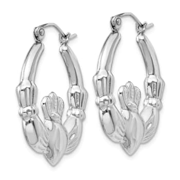 Rhodium Over 14k White Gold 1 1/16" Claddagh Hoop Earrings