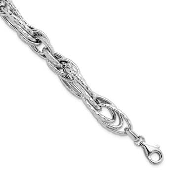 Rhodium Over Sterling Silver Polished and Textured Fancy Link Bracelet