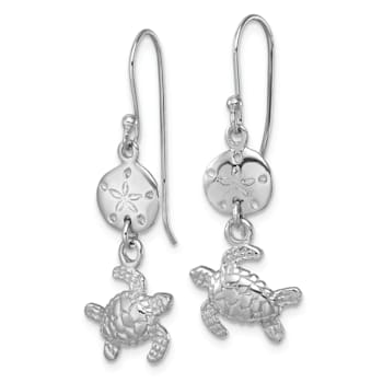 Rhodium Over Sterling Silver Sand Dollar And Turtle Dangle Earrings