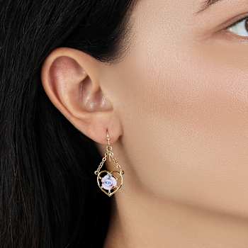 Gold Tone Heart Porcelain Rose Wire Earrings