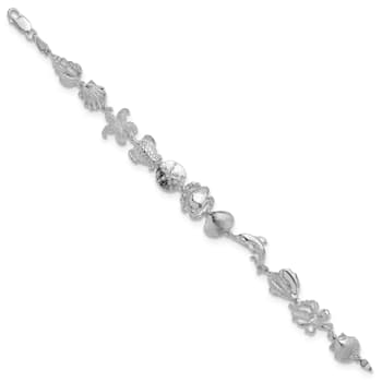 Rhodium Over Sterling Silver Polished Multi-Shell and Sealife Bracelet