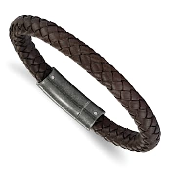 Brown Braided Leather and Stainless Steel Brushed 8.25-inch Bracelet