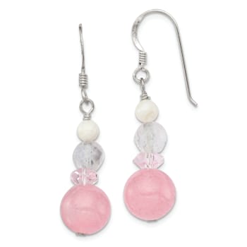 Sterling Silver Polished Pink Crystal, Jadeite and Mother of Pearl
Dangle Earrings