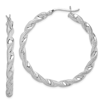 Rhodium Over Sterling Silver Twisted 3.5x40mm Hoop Earrings