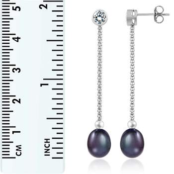 7.5-8mm Black Cultured Freshwater Pearl Rhodium Over Sterling Silver Earrings