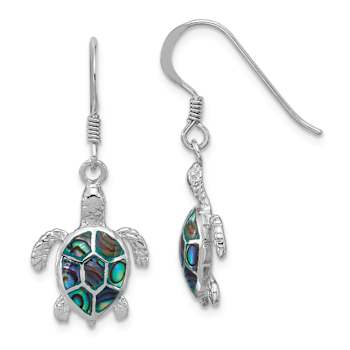 Rhodium Over Sterling Silver Polished Paua Shell Turtle Dangle Earrings