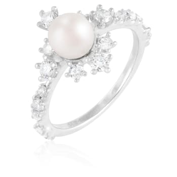 White Cultured Freshwater Pearl Rhodium Over Silver Ring