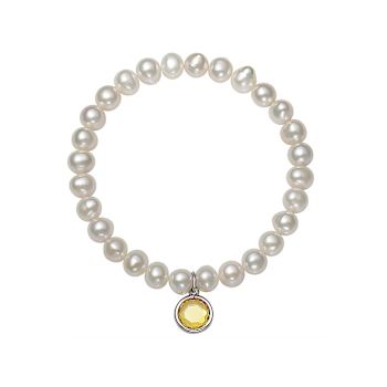 Freshwater Pearl And Yellow CZ Charm Stretch Bracelet In Sterling Silver