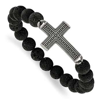 Stainless Steel Antiqued Gunmetal Ion Plated with Lava Stone Cross
Stretch Bracelet