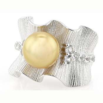 Golden South Sea Pearl And White Topaz Ring In Sterling Silver