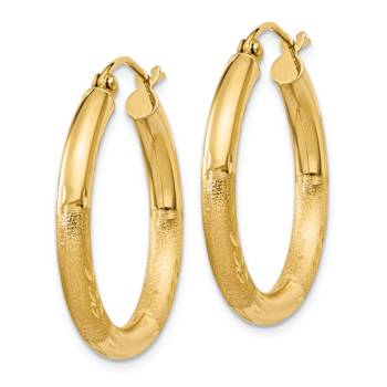 14k Yellow Gold Satin and Diamond-Cut 1" Round Hoop Earrings