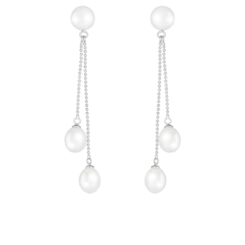 7-9mm White Cultured Freshwater Pearl Rhodium Over Sterling Silver Earrings