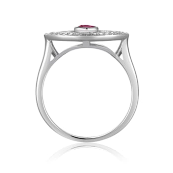 Ruby with Moissanite Accents Rhodium Over Sterling Silver Evil Eye Halo Ring