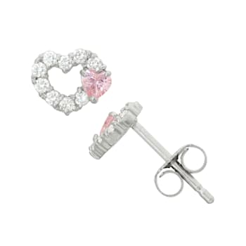 Pink And White Cubic Zirconia Rhodium Over Sterling Silver Children's
Heart Earrings 0.77ctw