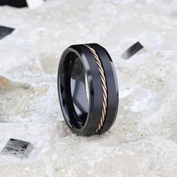 ADELARD Rose Gold Braided Brushed Center Black Tungsten Wedding Band
With Polished Beveled Edges 8mm