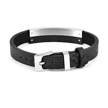 Mens Black Leather, Stainless Steel and Carbon Fiber Bracelet