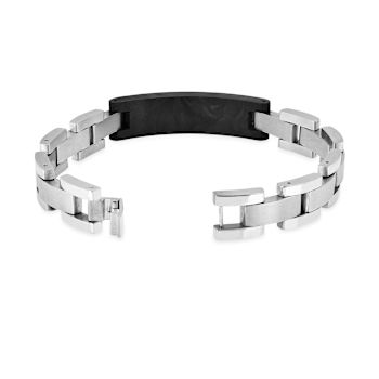 Mens Carbon Fiber and Stainless Steel with Black Leather Accent Cross Bracelet