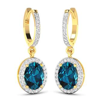 2.20ctw 14K Yellow Gold London Blue Topaz  and White Diamond Halo Earrings