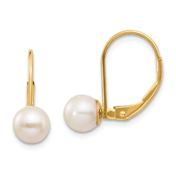 14K Yellow Gold 6-7mm White Round Freshwater Cultured Pearl Leverback Earrings
