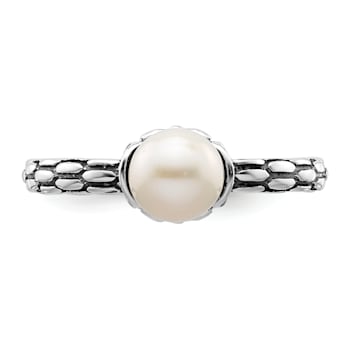 Rhodium Over Sterling Silver Stackable Expressions Patterned White
Freshwater Cultured Pearl Ring