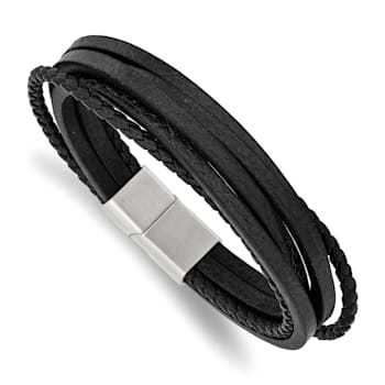 Black Leather and Stainless Steel Brushed Multi Strand 8-inch Bracelet