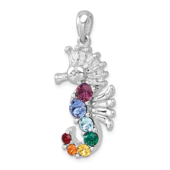 Rhodium Over Sterling Silver Multi-Color Crystal Seahorse Pendant