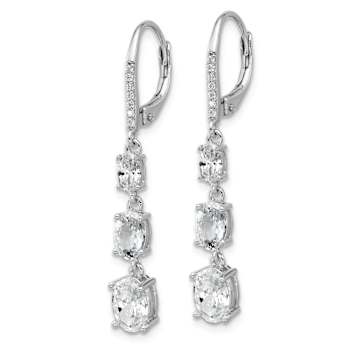 Rhodium Over Sterling Silver Oval Cubic Zirconia Leverback Dangle Earrings