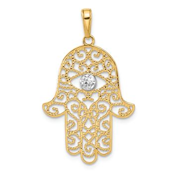 14k Two-tone Gold Diamond-Cut Filigree Hamsa Pendant