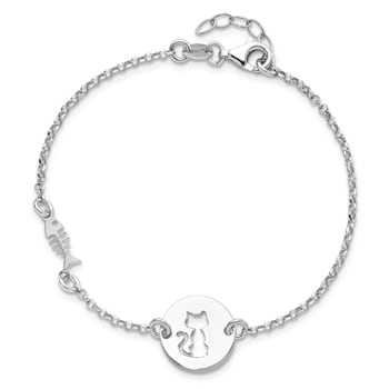Sterling Silver Rhodium-plated Kitty and Fish with 0.5 Inch Extension Bracelet