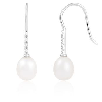 7-7½mm White Cultured Freshwater Pearl and Cubic Zirconia Rhodium Over
Sterling Silver Earrings