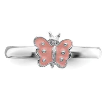 Rhodium Over Sterling Silver Polished Pink Enameled Butterfly Children's Ring