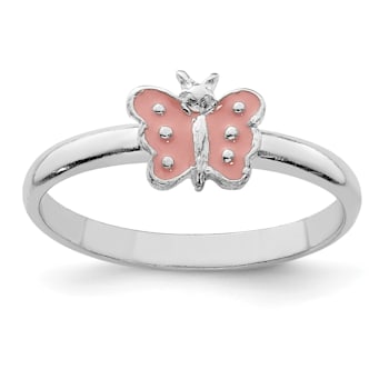 Rhodium Over Sterling Silver Polished Pink Enameled Butterfly Children's Ring