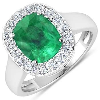 3.01ctw Green Emerald and Diamond 14K White Gold Halo Ring