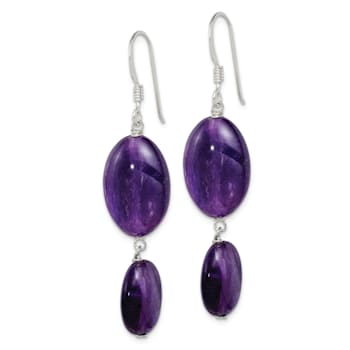Sterling Silver Polished Amethyst and Dark Purple Jadeite Oval Dangle Earrings