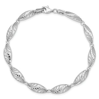 Rhodium Over 14k White Gold Filigree Textured and Diamond-Cut Fancy Link Bracelet
