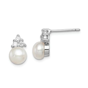 Rhodium Over Sterling Silver 6-7mm White Freshwater Cultured Pearl Cubic
Zirconia Post Earrings