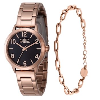 Invicta Wildflower 34mm Black Dial Rose Stainless Steel Quartz Watch And
Bracelet Set