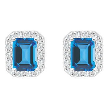 8x6mm Emerald Cut Swiss Blue Topaz And White Topaz Rhodium Over Sterling
Silver Halo Stud Earrings