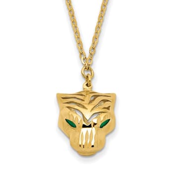 14K Yellow Gold Polished Diamond-cut Green Enamel Tiger Necklace