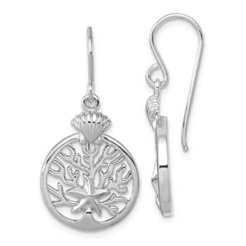 Rhodium Over Sterling Silver Starfish and Scallop Shell Reef Dangle Earrings
