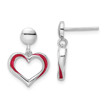 Rhodium Over Sterling Silver Red Enamel Open Heart Dangle Earrings