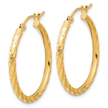 14k Yellow Gold Polished, Satin and Diamond-Cut 1 1/16" Hoop Earrings
