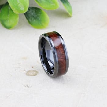 BENNY Black Ceramic Polished Beveled Edges Men’s Wedding Band with
Bubinga Wood Inlay 8mm