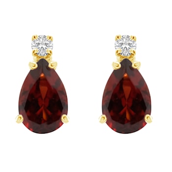 6x4mm Pear Shape Garnet with Diamond Accents 14k Yellow Gold Stud Earrings
