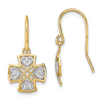 14k Two-tone Textured Fancy Cross Dangle Earrings