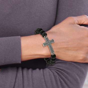 Stainless Steel Antiqued Gunmetal Ion Plated with Lava Stone Cross
Stretch Bracelet