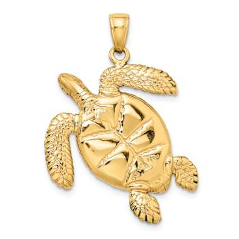 14k Yellow Gold Textured 3D Green Enameled Sea Turtle Pendant