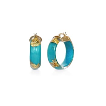 14K Yellow Gold Over Sterling Silver Mini Gold Leaf Acrylic Hoops in Teal