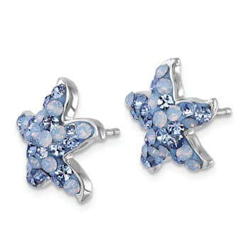 Rhodium Over Sterling Silver Polished Blue Crystal Starfish Post Earrings